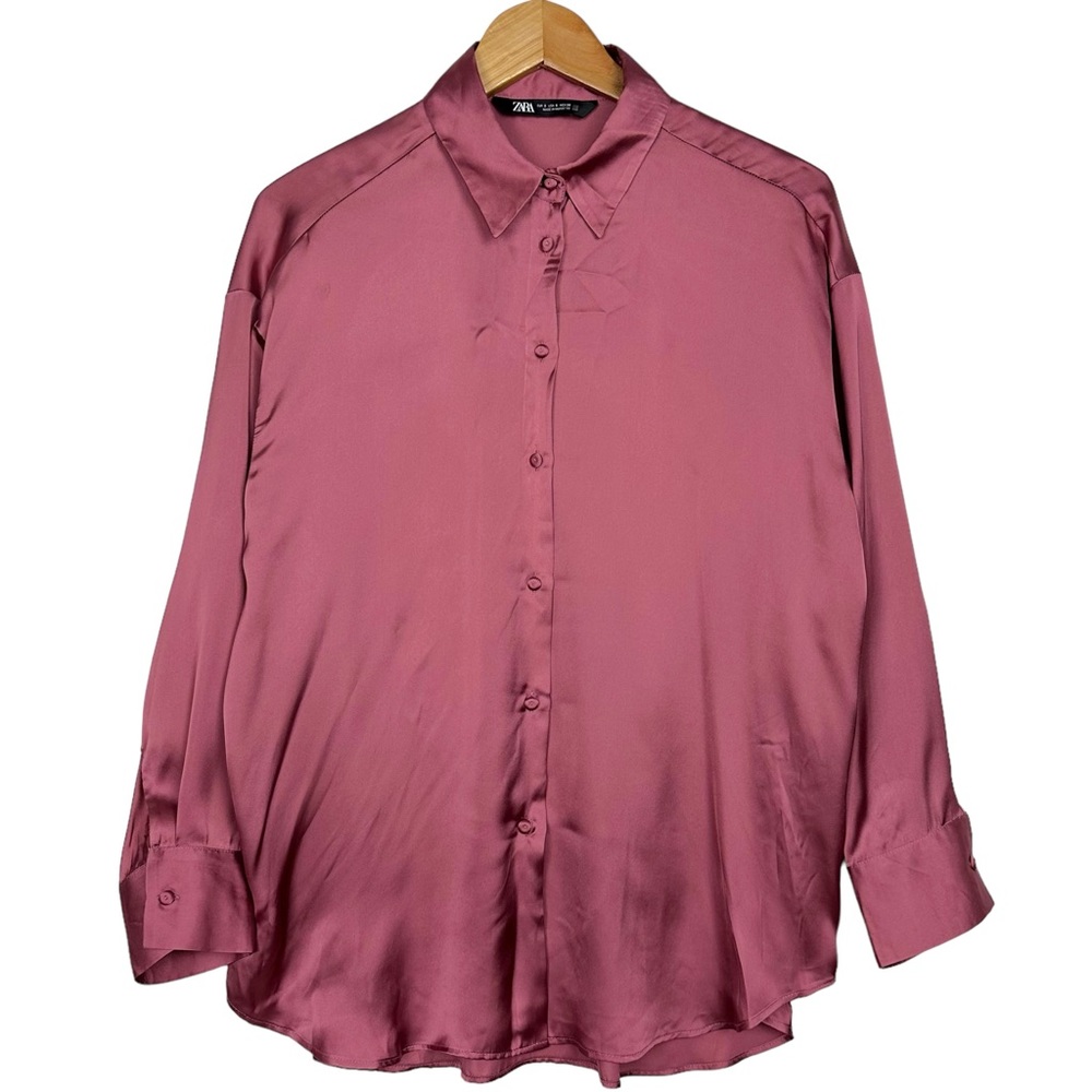 ZARA Satin Effect Oversized Loose Collared Button Down Dolman Sleeve Blouse Pink - Picture 13 of 14